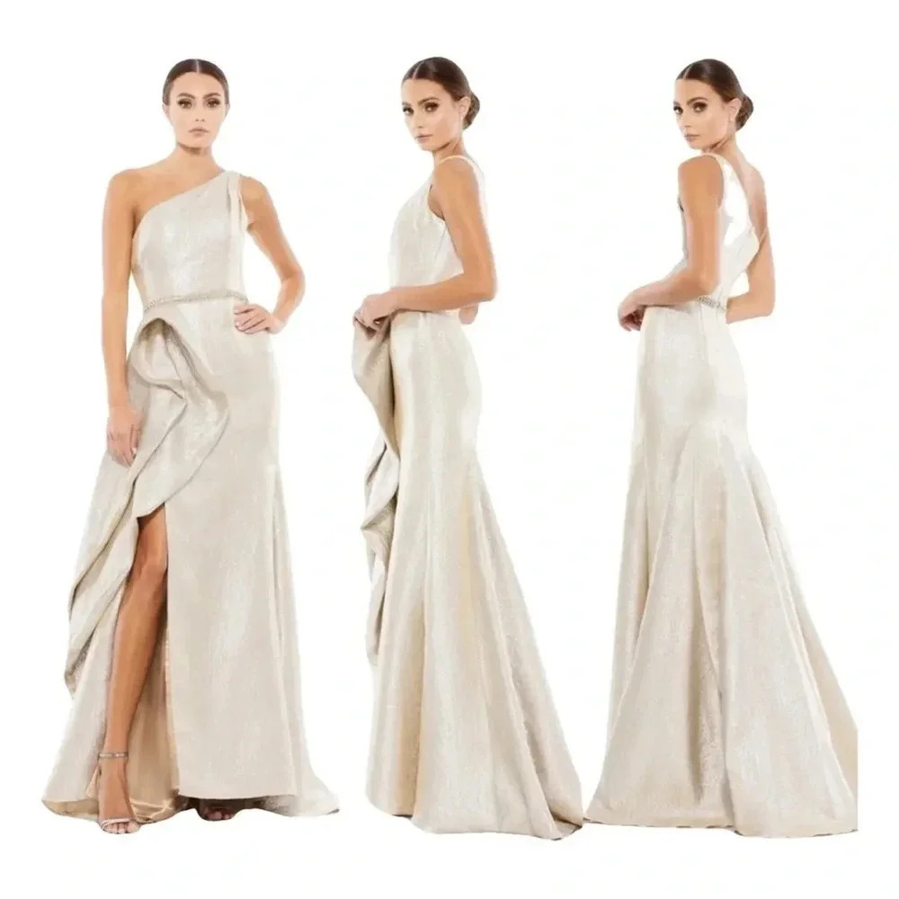Size 0 Mac‎ Duggal Champagne Gold One Shoulder Metallic Ruffled Gown Prom Dress - Picture 3 of 11